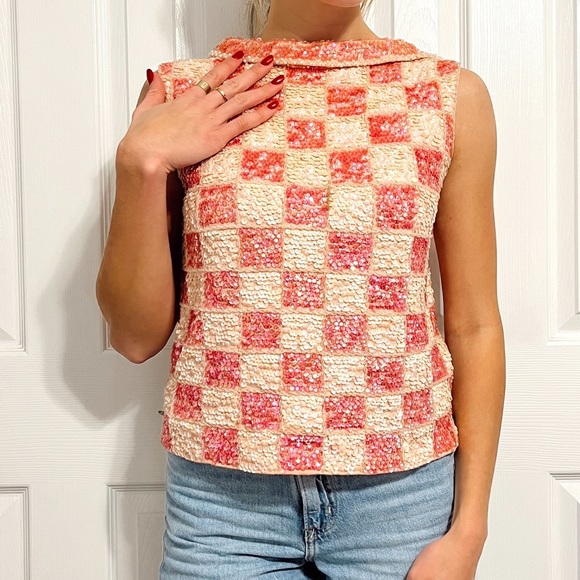 Y2K Pink Checkered Gem Blouse 100% Wool - Picture 1 of 7